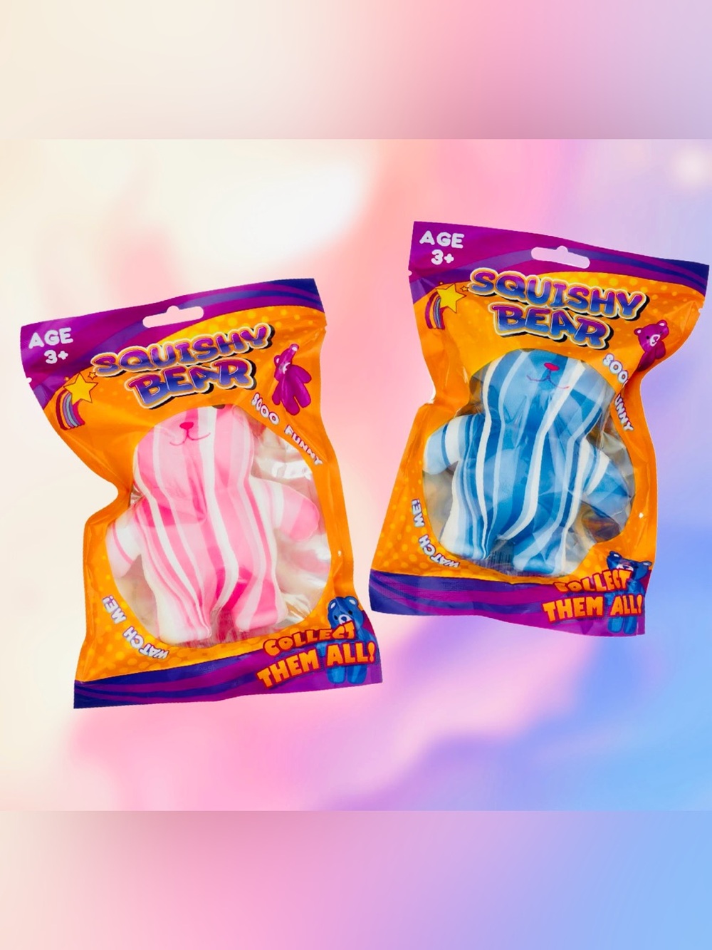Set Of 2 Jumbo Squishy Bears (Pink + Blue Striped) Sensory Fidget Toys NEW